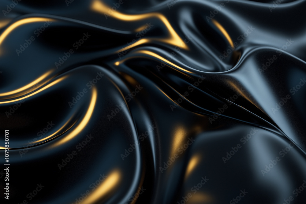 Obraz premium Golden Highlights on Smooth Flowing Black Silk Fabric Texture
