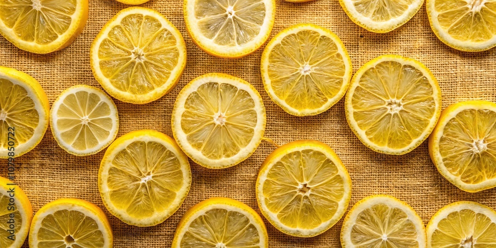 A Collection of Sliced Lemon Rounds Arranged on a Natural, Textured Surface, Exhibiting the Citrus Fruit's Vibrant Yellow Hues and Intricate Seed Patterns