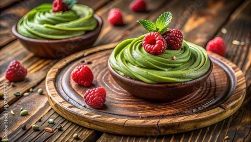 A bowl of spiraled green mousse topped with fresh raspberries and a sprig of mint on a rustic wooden surface photo