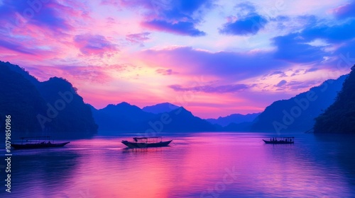 Serene Rural China Sunset: Vibrant Sky, Traditional Fishing Boats Silhouetted on Tranquil River | Ultra-Detailed Landscape Photography