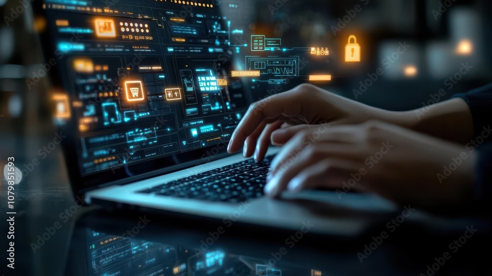 Close-up of hands typing on laptop with digital product inventory on screen, eCommerce startup concept, high detail, natural light Close-up of hands typing on laptop with digital product inventory on screen, eCommerce startup concept, high detail, natural light