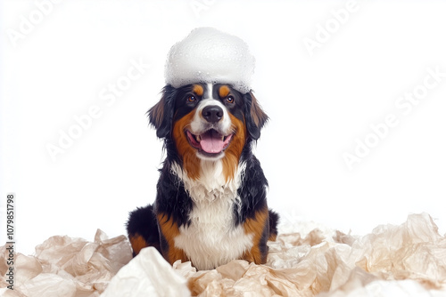 
Bernese mountain dog close up shot, happy, sitting, face frontwith smiling face, bathing bubble on head with beautiful and harmonious compotion, 8k high resolution, magazine photography style. isolat photo