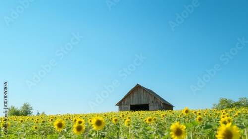 Tranquil Charm of Rural China: Sunflower Field and Wooden Barn in Rustic Setting