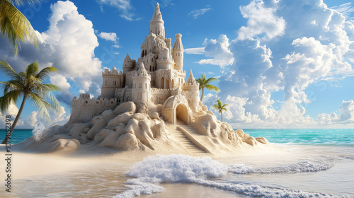 Close-up of a detailed sandcastle with ocean waves lapping at its base, framed by swaying palm trees and blue skies