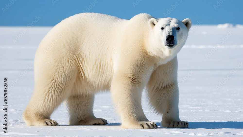 A polar bear stands in the snow, looking at the camera A polar bear stands in the snow, looking at the camera