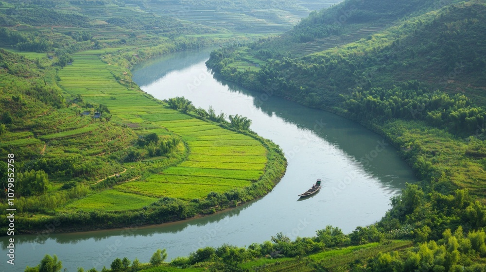 Tranquil Rural China Landscape with River, Farmers, and Bamboo Boats - Ultra-Detailed Photo Tranquil Rural China Landscape with River, Farmers, and Bamboo Boats - Ultra-Detailed Photo