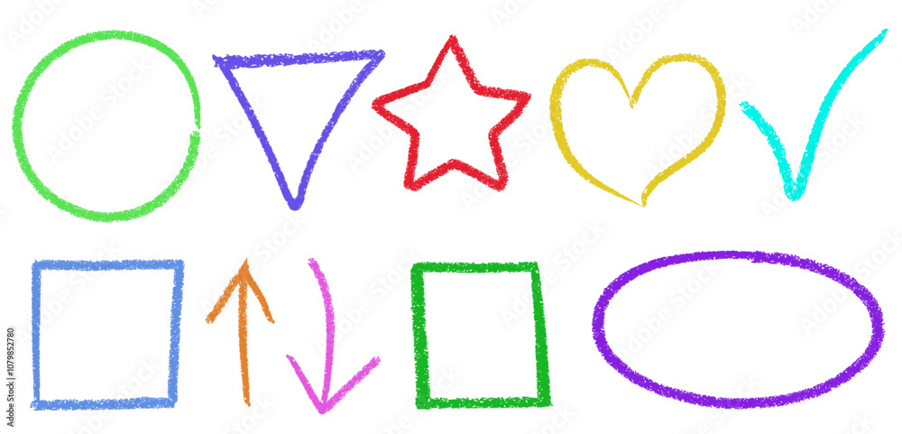 Set of multicolored crayon drawn geometric shapes and frames. Collection of circle and triangle, star and heart, checkmark and square, arrows and oval borders for educational and kids presentations. Set of multicolored crayon drawn geometric shapes and frames. Collection of circle and triangle, star and heart, checkmark and square, arrows and oval borders for educational and kids presentations.