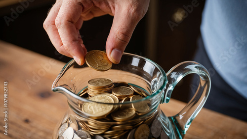 A person is putting coins into a glass jar