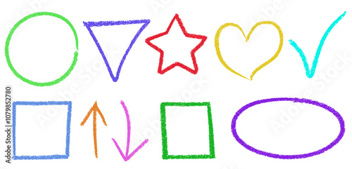 Set of multicolored crayon drawn geometric shapes and frames. Collection of circle and triangle, star and heart, checkmark and square, arrows and oval borders for educational and kids presentations.