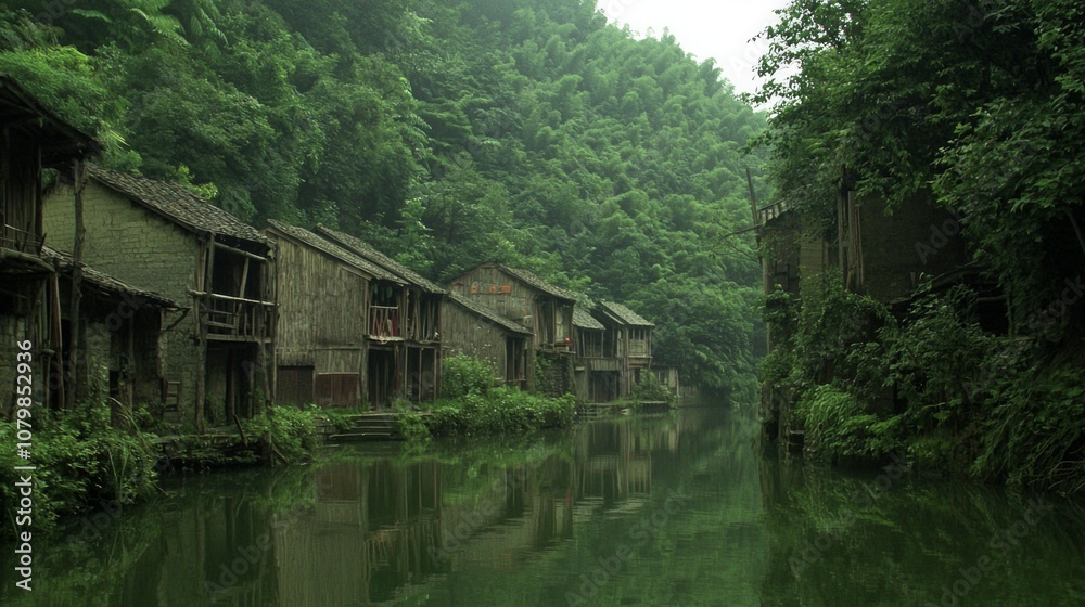 Serene Beauty of Traditional Wooden Houses by the Riverbank in Rural China Serene Beauty of Traditional Wooden Houses by the Riverbank in Rural China