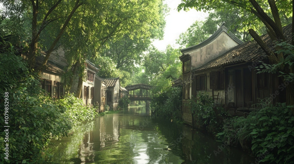 Serene Rural China: Tranquil Traditional Wooden Houses by Quiet Riverbank Amid Lush Greenery