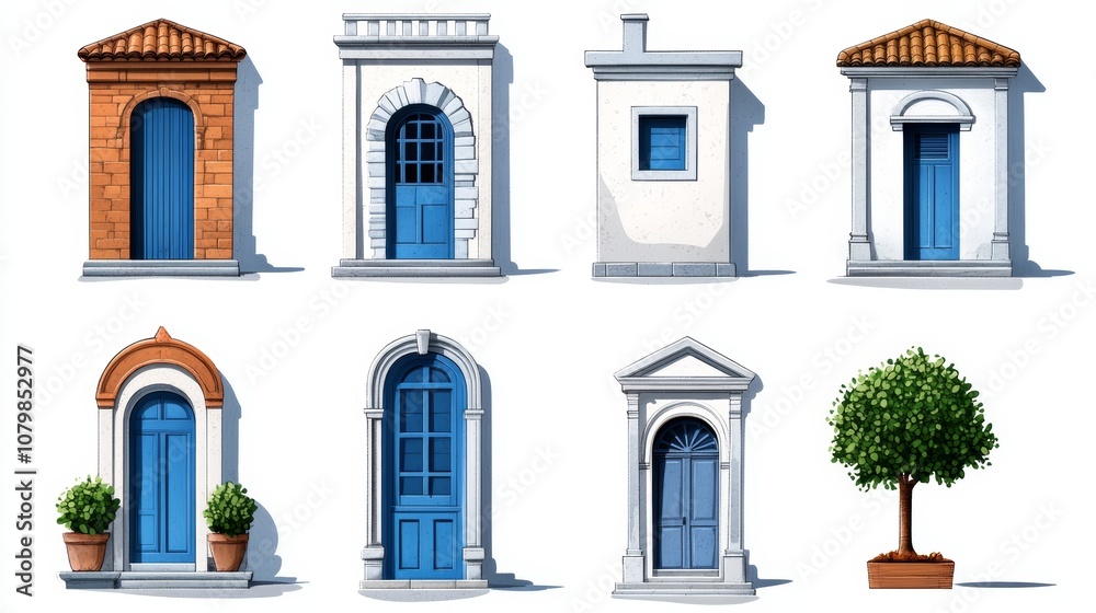 Obraz premium Blue Doors Mediterranean Architecture House Facades Illustration Design Elements