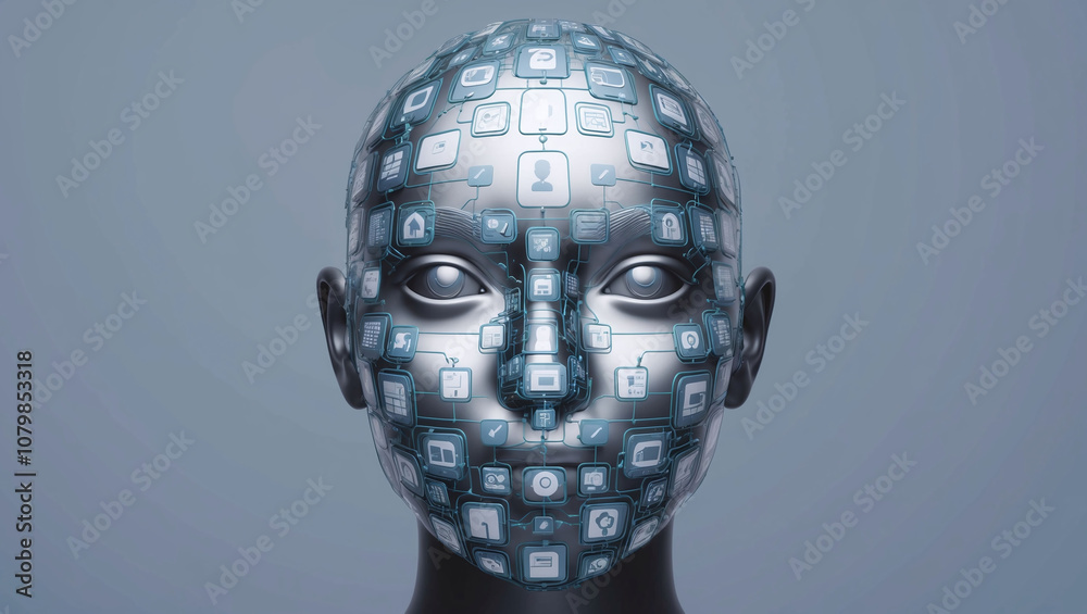 Face layered with digital icons symbolizing global connectivity Face layered with digital icons symbolizing global connectivity