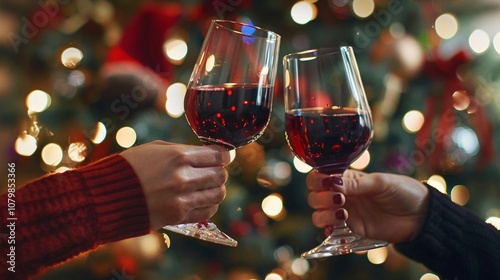 two hands raising glasses with red wine in a celebratory toast, with a bokeh effect in the background