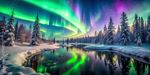 A Serene Winter Scene with the Aurora Borealis Reflecting in a Still Frozen Lake, Illuminated by a Starry Night Sky