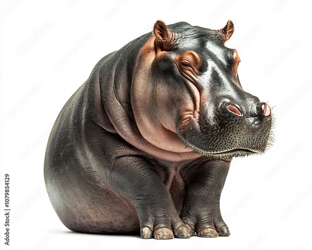 Obraz premium Heavyset Hippo Sitting Peacefully on White Background with Copy Space