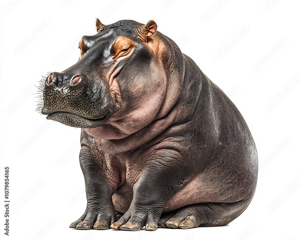 Heavyset Hippo Sitting with Calm and Peaceful Expression on White Background Heavyset Hippo Sitting with Calm and Peaceful Expression on White Background
