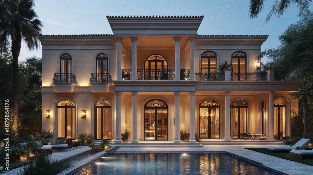 Elegant villa with pool and palm trees at twilight. Elegant villa with pool and palm trees at twilight.
