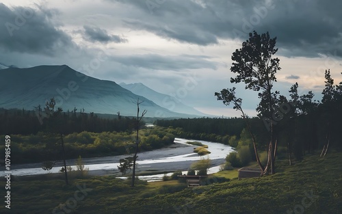 Celebration of nature with mountains, rivers, and wildlife silhouettes photo