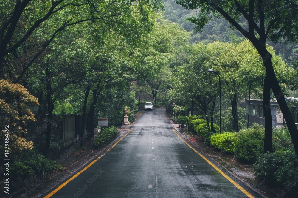 A rainy day on a quiet road through lush green forest. A rainy day on a quiet road through lush green forest.