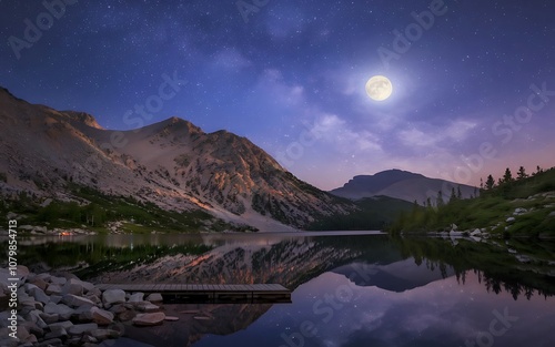 Mountain landscape with starry night sky and glowing moon photo