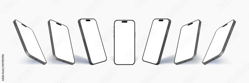 Realistic Smartphone Mockup Set: 3D Mobile Phone Display and Device Screen Frame Illustrations in Front, Side, and Perspective Views for Modern Gadgets. Vector. Realistic Smartphone Mockup Set: 3D Mobile Phone Display and Device Screen Frame Illustrations in Front, Side, and Perspective Views for Modern Gadgets. Vector.