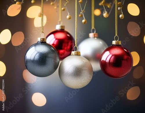 Elegant Christmas Balls in Silver, Blue, Gold, and Red Hanging on Strings with a Cozy Holiday Ambiance