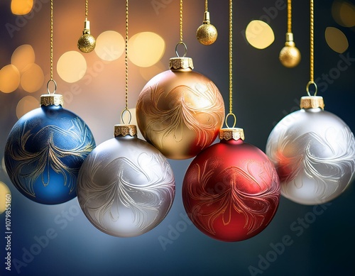 Elegant Christmas Balls in Silver, Blue, Gold, and Red Hanging on Strings with a Cozy Holiday Ambiance