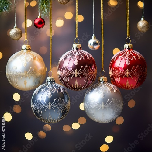 Elegant Christmas Balls in Silver, Blue, Gold, and Red Hanging on Strings with a Cozy Holiday Ambiance