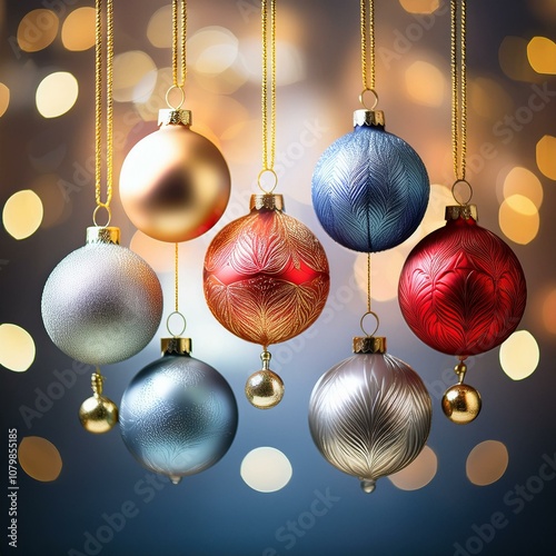 Elegant Christmas Balls in Silver, Blue, Gold, and Red Hanging on Strings with a Cozy Holiday Ambiance