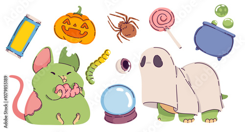 Cute kids Halloween set with green zombie mouse eating brains and ghost sheet covered dinosaur costume, carved pumpkin and crystal ball, pink lollipop, spooky spider and cauldron with bubbles.
