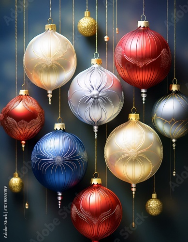 Elegant Christmas Balls in Silver, Blue, Gold, and Red Hanging on Strings with a Cozy Holiday Ambiance