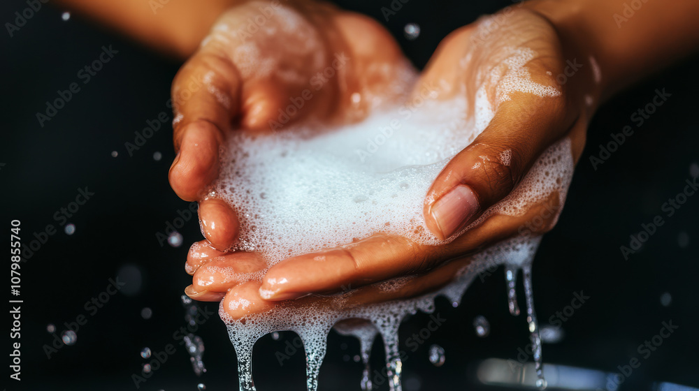Fototapeta premium Close-up of women's hands lathering soap under running water, highlighting cleanliness and hygiene