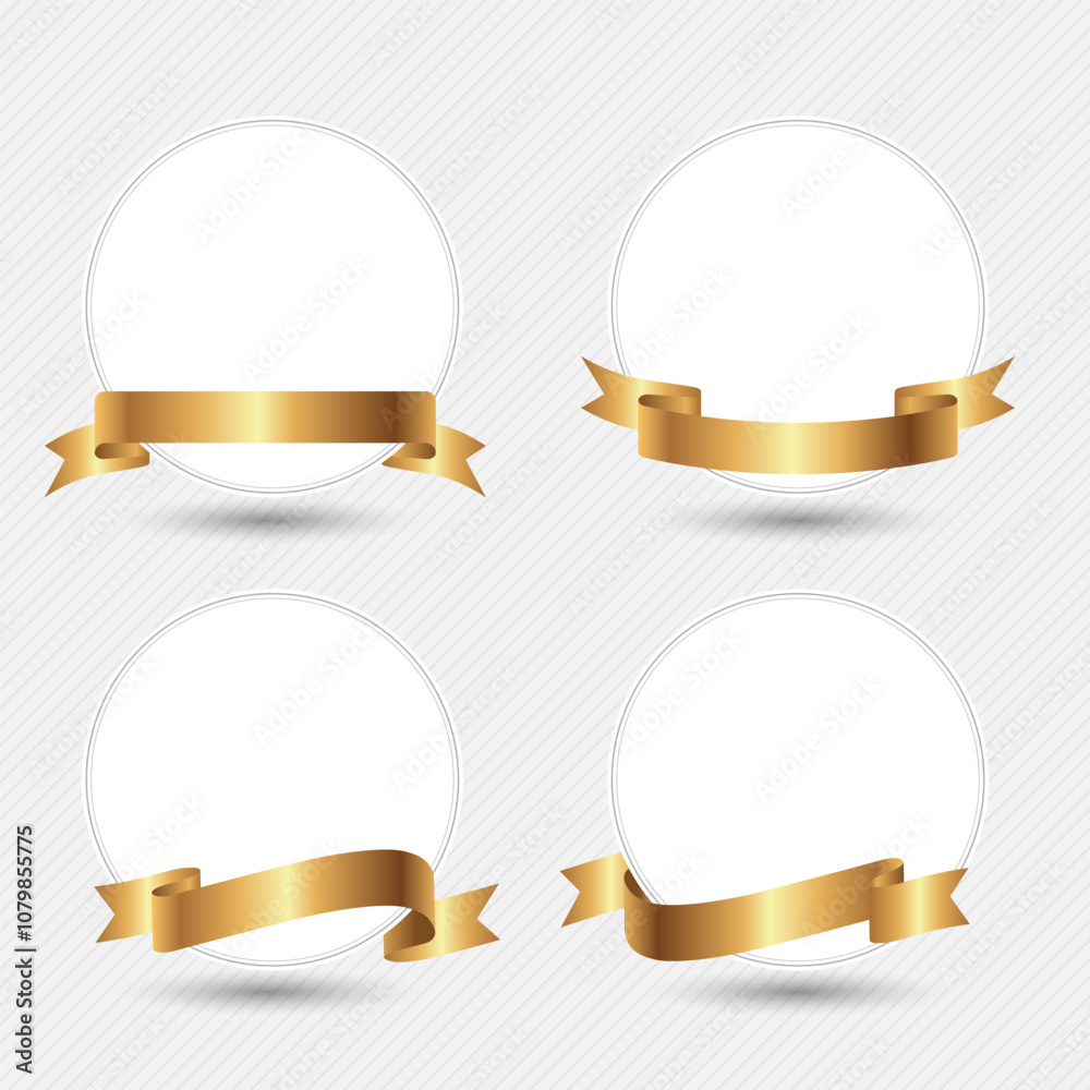 Set of label circle frames with gold ribbons wrapped around them for decoration and celebration.
