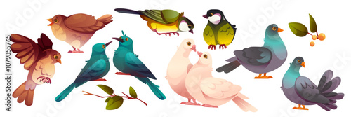Colorful set of cartoon birds - brown sparrows, blue parakeets, white doves, yellow titmouse and grey pigeons. Feathered characters couples in different poses and leafy branches with berries.