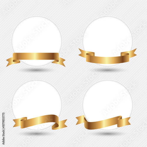 Set of label circle frames with gold ribbons wrapped around them for decoration and celebration.