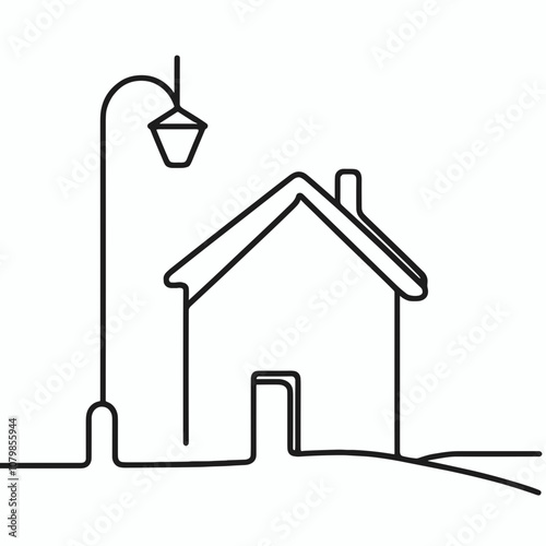 Minimalist line drawing of a house with a lantern on a white background