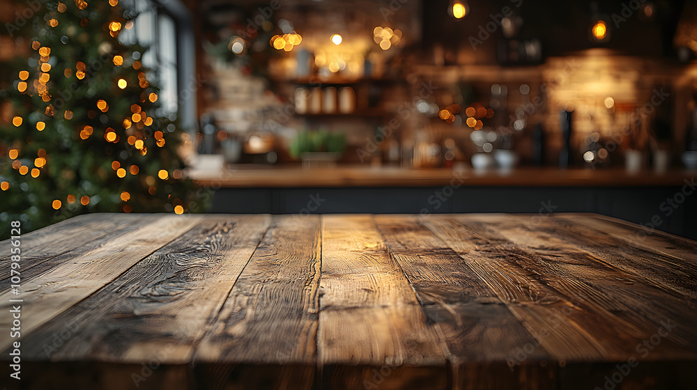 Empty wooden table top with a blurred kitchen interior and a Christmas tree in the background, creating a warm and festive holiday atmosphere.
Empty wooden table top with a blurred kitchen interior and a Christmas tree in the background, creating a warm and festive holiday atmosphere.