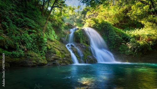 Crystal Clear Waterfall Cascading Down a Rocky Cliffside, Surrounded by Lush Green Trees and Vibrant Flora, Bathed in the Soft Light of Early Morning Sunshine
