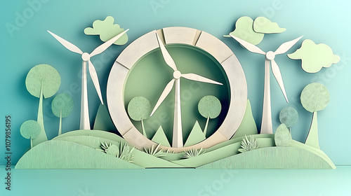 Eco-friendly landscape with wind turbines and trees photo