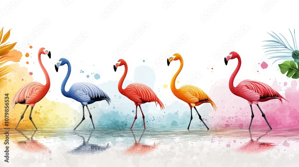 Obraz premium Colorful Flamingos in Watercolor Style Tropical Birds Summer Beach Exotic Wildlife Nature Art