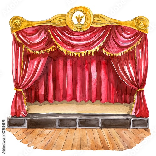 Watercolor Illustration of a Stage with Red Curtains.