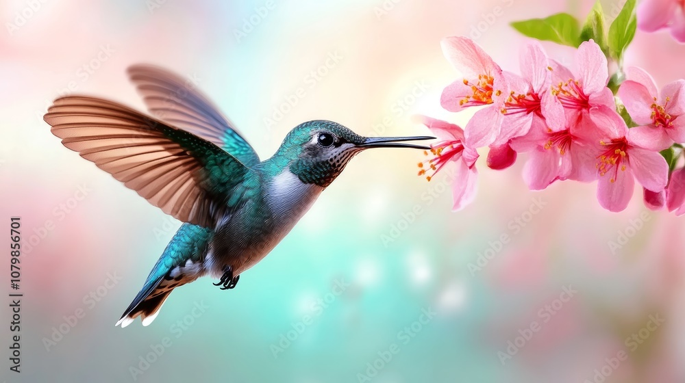 Hummingbird Feeding on Pink Flowers Spring Nature Wildlife Hummingbird Feeding on Pink Flowers Spring Nature Wildlife