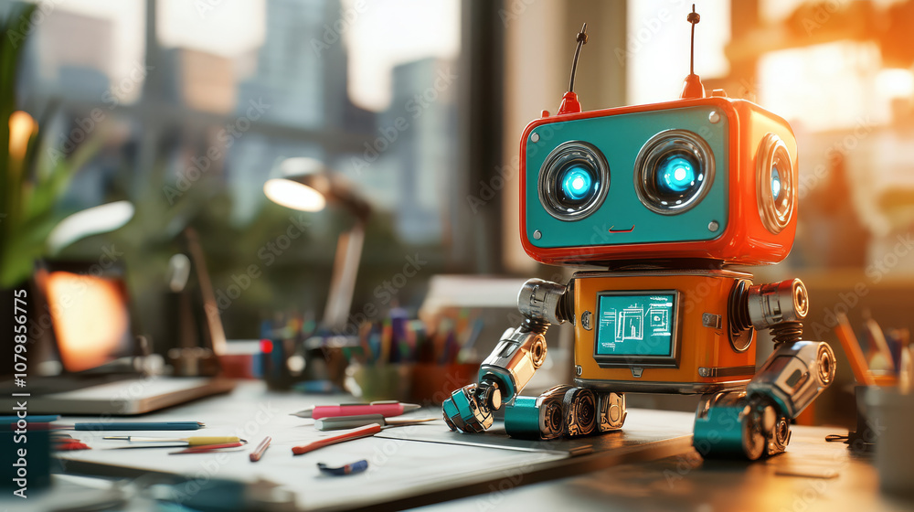 Colorful robot toy sitting on a modern desk with gadgets and creative tools Colorful robot toy sitting on a modern desk with gadgets and creative tools