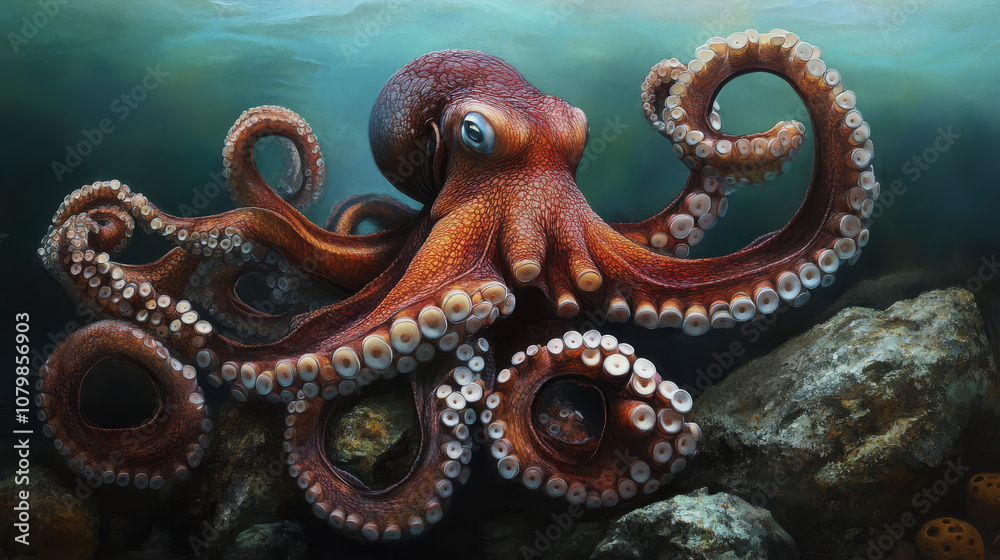 n octopus exploring the ocean floor, its tentacles reaching out to touch a rock, with its textured skin changing color to blend in with its surroundings, n octopus exploring the ocean floor, its tentacles reaching out to touch a rock, with its textured skin changing color to blend in with its surroundings,
