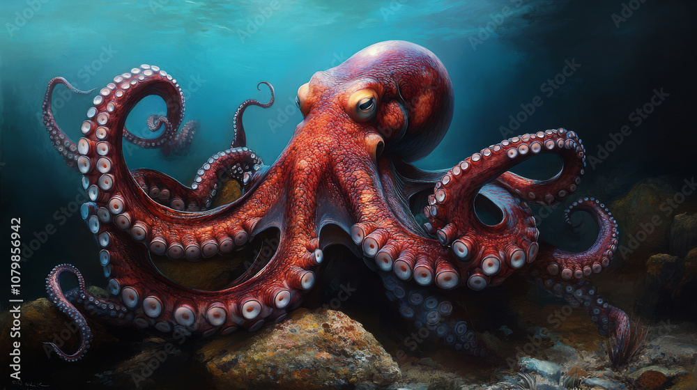 n octopus exploring the ocean floor, its tentacles reaching out to touch a rock, with its textured skin changing color to blend in with its surroundings, n octopus exploring the ocean floor, its tentacles reaching out to touch a rock, with its textured skin changing color to blend in with its surroundings,