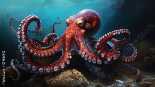 n octopus exploring the ocean floor, its tentacles reaching out to touch a rock, with its textured skin changing color to blend in with its surroundings, 