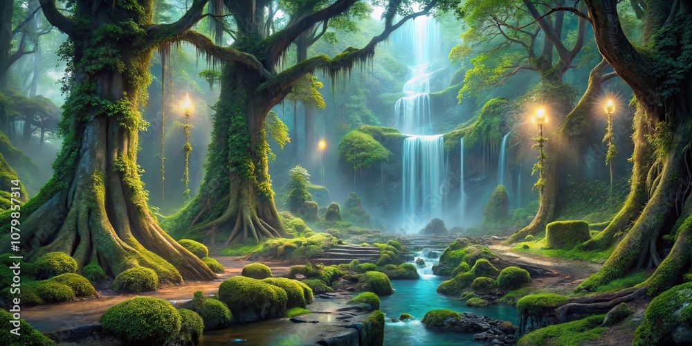Obraz premium Enchanted Waterfall Cascading Through a Mystical Forest With Glowing Lanterns and Lush Greenery