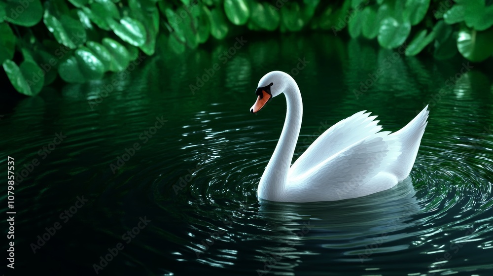 Fototapeta premium Serene White Swan on Dark Green Water Tranquil Nature Scene
