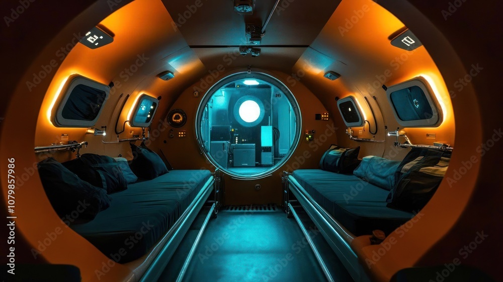 Interior view of a futuristic, cylindrical space station or submarine with beds, lighting, and a porthole overlooking another room. Interior view of a futuristic, cylindrical space station or submarine with beds, lighting, and a porthole overlooking another room.